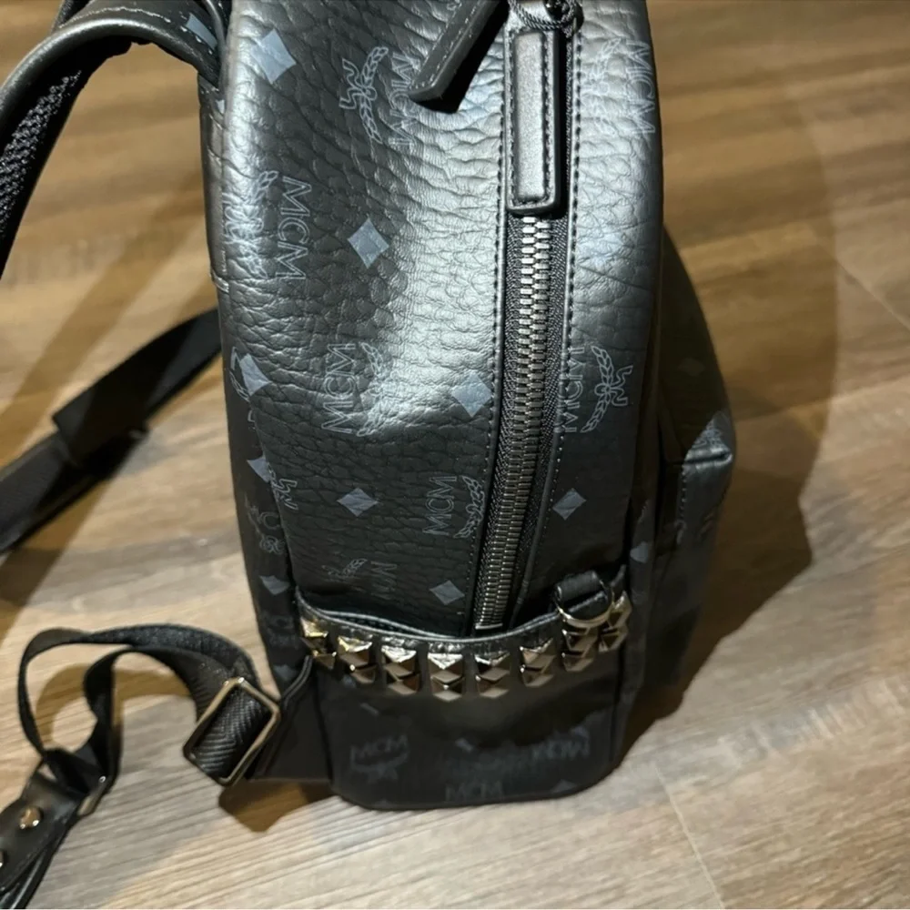 MCM Stark Monogram Logo Black Visetos Canvas Leather Small Studded Backpack